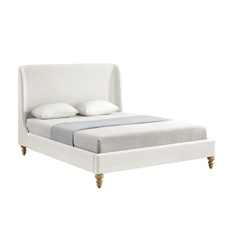 Cream Solid Wood Queen Upholstered Linen Bed