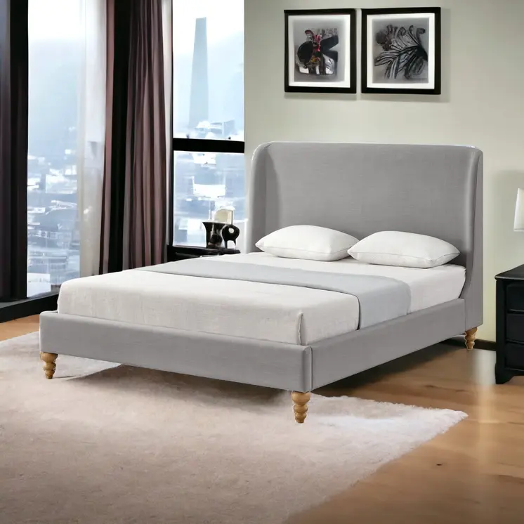 Gray Solid Wood Twin Upholstered Linen Bed