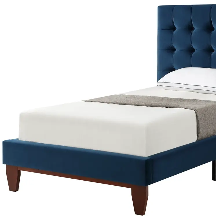 Navy Blue Solid Wood Full Tufted Upholstered Velvet Bed
