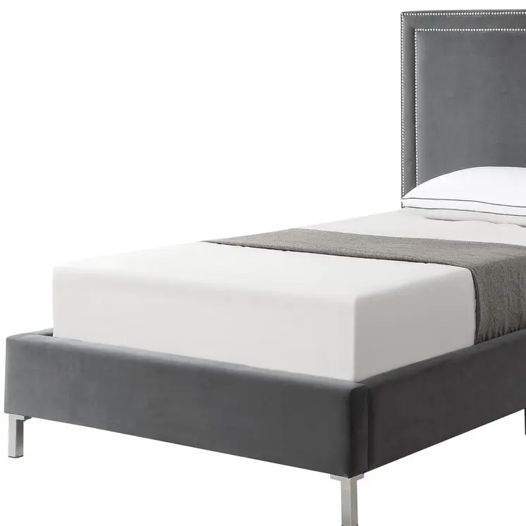 Gray Solid Wood Full Upholstered Velvet Bed with Nailhead Trim