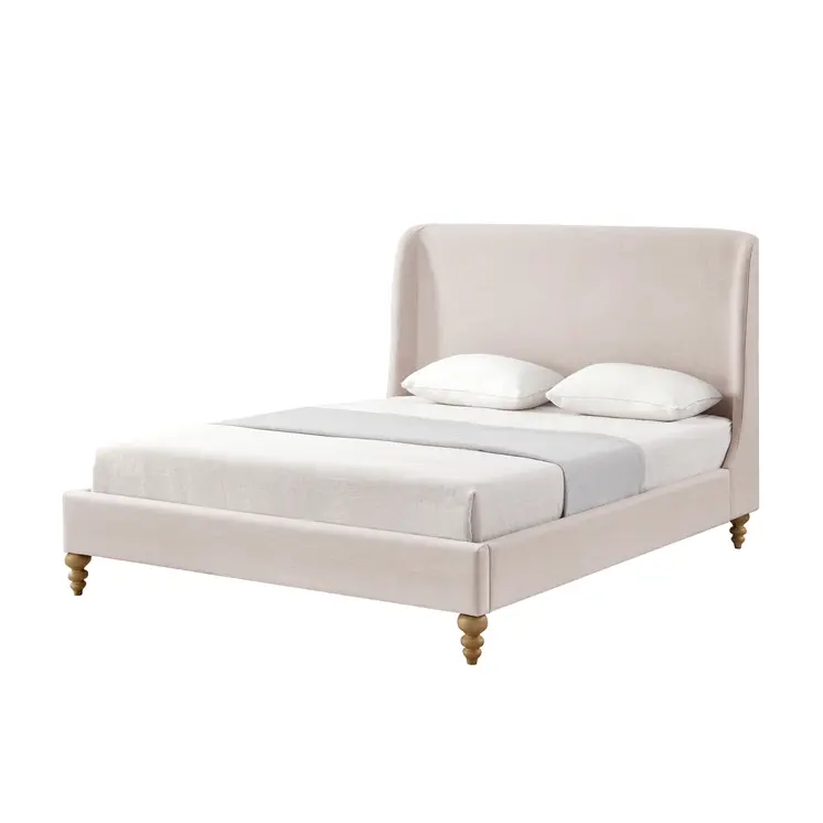 Pink Solid Wood King Upholstered Linen Bed