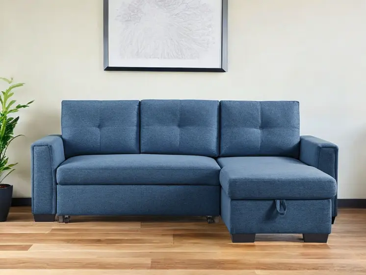 92" Blue Polyester Blend Convertible Futon Sleeper Sofa With Black Legs