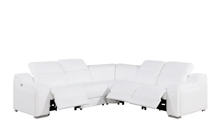 White Italian Leather Power Reclining L Shaped Five Piece Corner Sectional