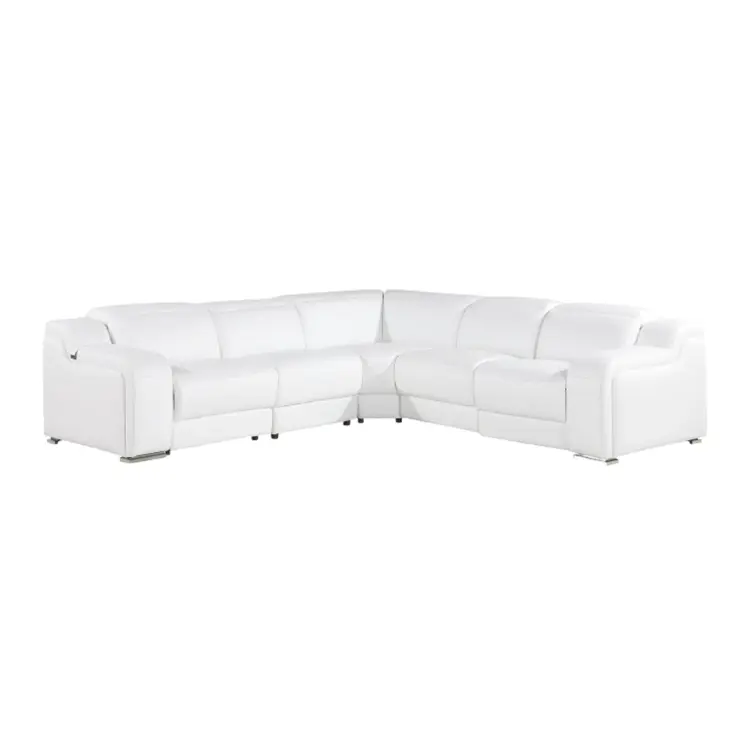White Italian Leather Power Reclining L Shaped Five Piece Corner Sectional