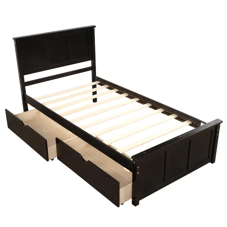 Espresso Inlaid Panels Wood Twin Bed Frame With Two Drawers