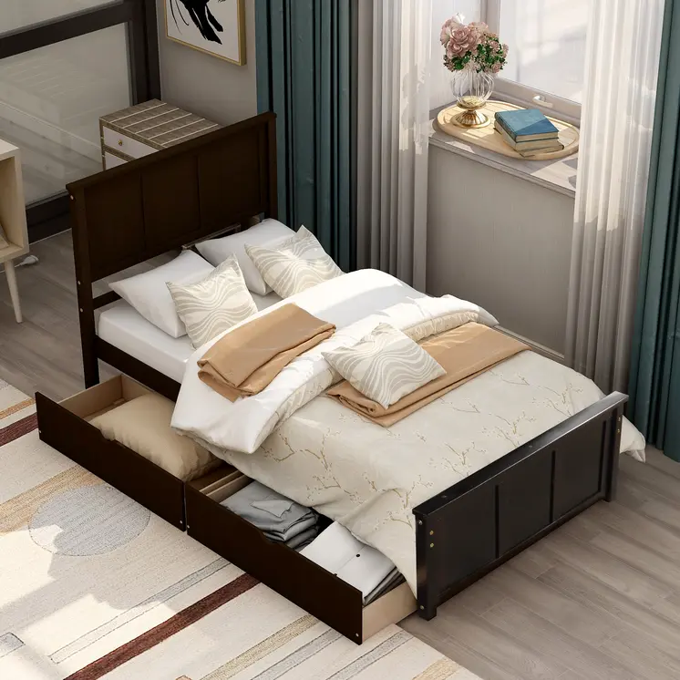Espresso Inlaid Panels Wood Twin Bed Frame With Two Drawers