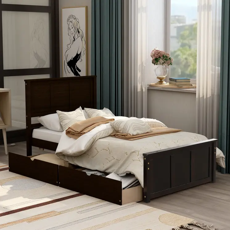 Espresso Inlaid Panels Wood Twin Bed Frame With Two Drawers