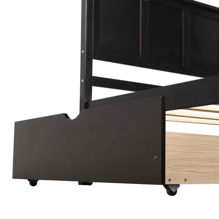 Espresso Inlaid Panels Wood Twin Bed Frame With Two Drawers
