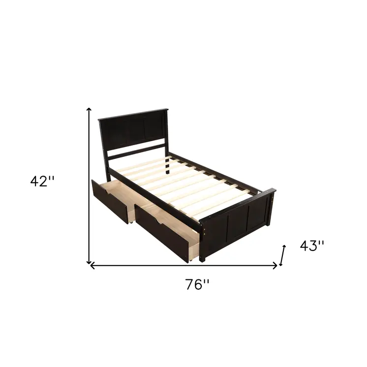 Espresso Inlaid Panels Wood Twin Bed Frame With Two Drawers