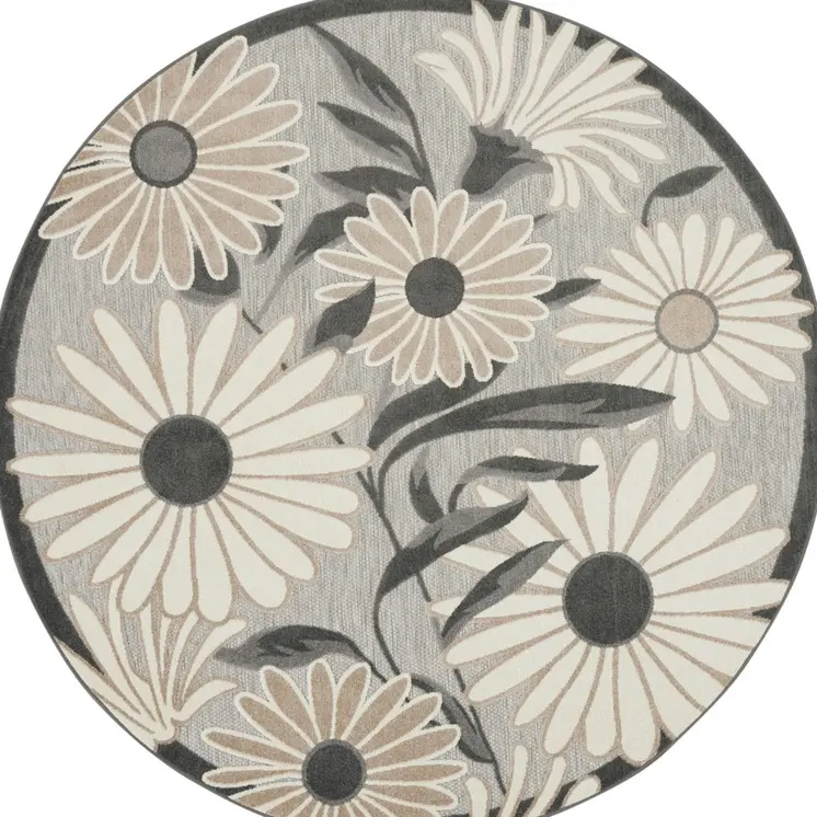 5' Beige And Gray Round Floral Indoor Outdoor Area Rug