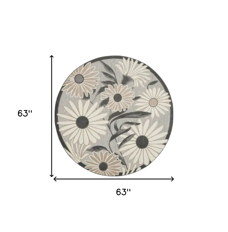 5' Beige And Gray Round Floral Indoor Outdoor Area Rug