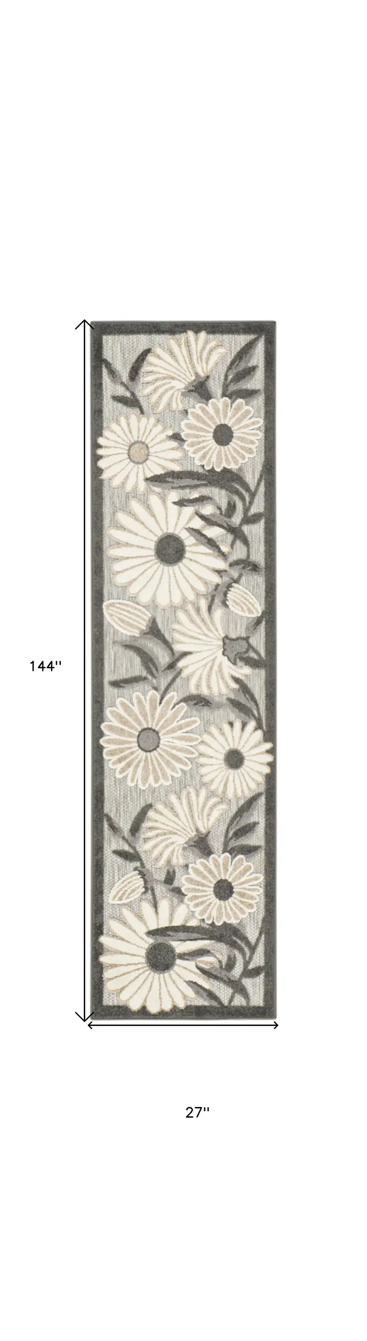 12' Beige And Charcoal Floral Indoor Outdoor Runner Rug