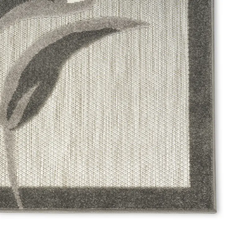 12' Beige And Charcoal Floral Indoor Outdoor Runner Rug