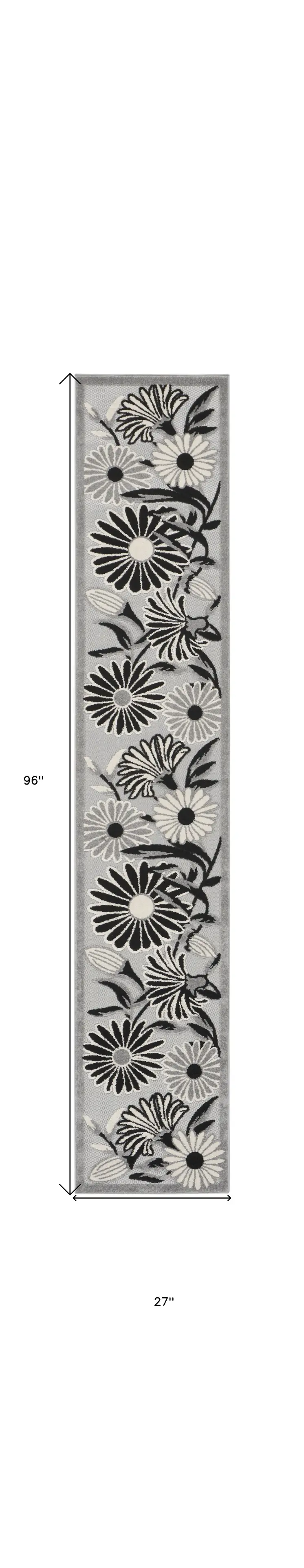 8' Black And White Floral Indoor Outdoor Runner Rug