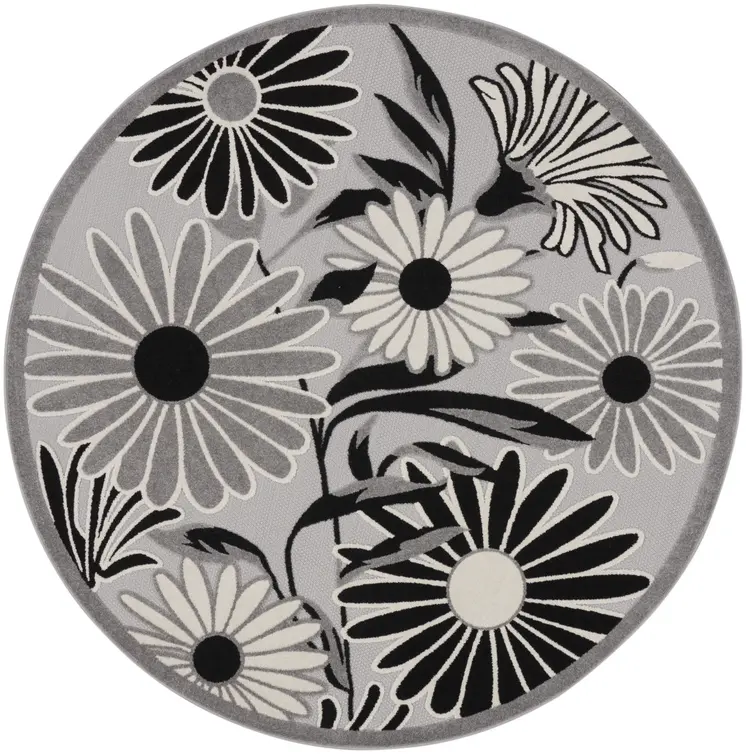 5' Black And White Round Floral Indoor Outdoor Area Rug