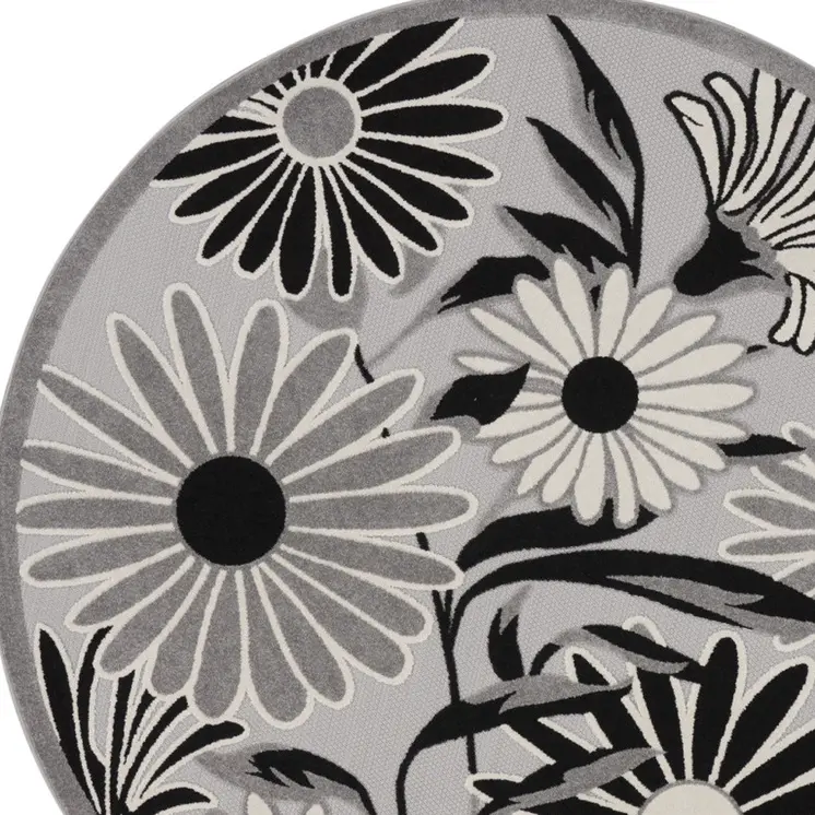 5' Black And White Round Floral Indoor Outdoor Area Rug