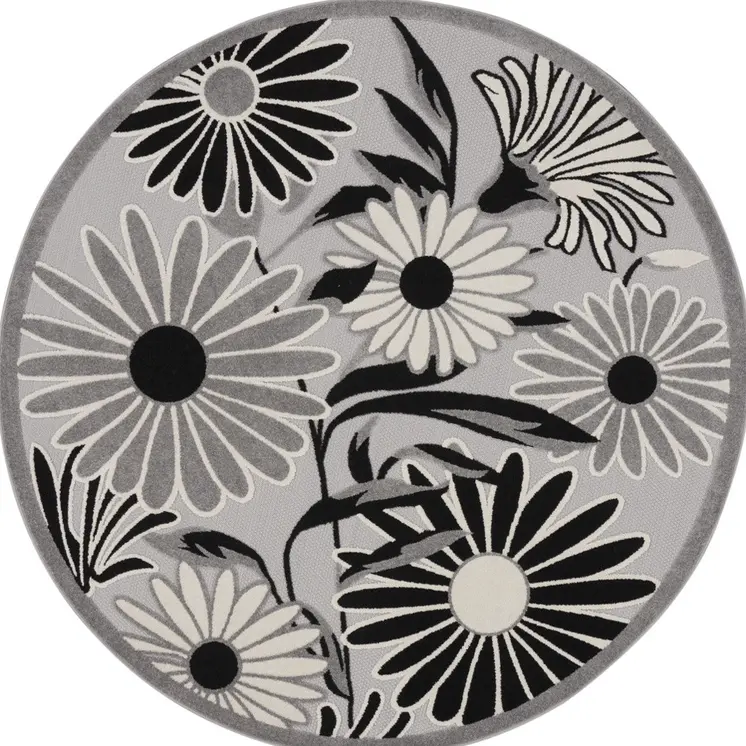 5' Black And White Round Floral Indoor Outdoor Area Rug