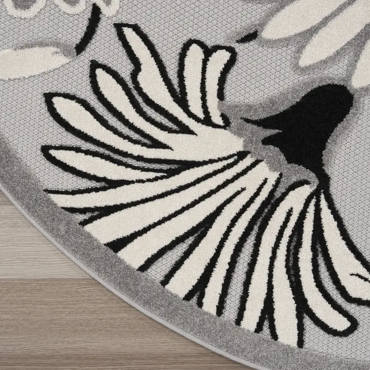 5' Black And White Round Floral Indoor Outdoor Area Rug