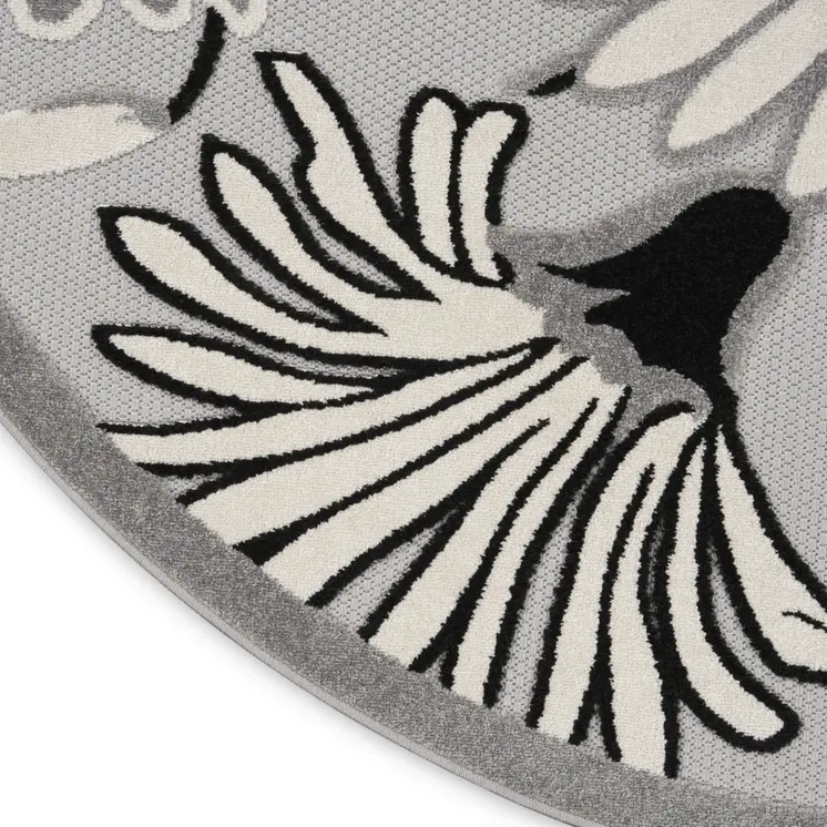 5' Black And White Round Floral Indoor Outdoor Area Rug