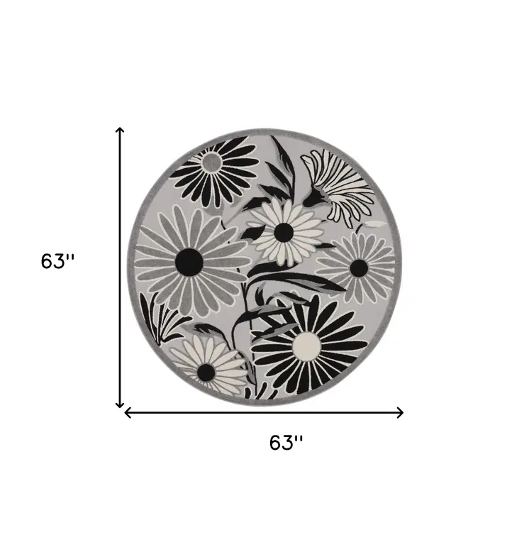 5' Black And White Round Floral Indoor Outdoor Area Rug