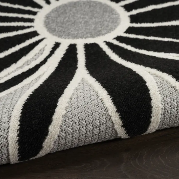 12' Black And White Floral Indoor Outdoor Runner Rug
