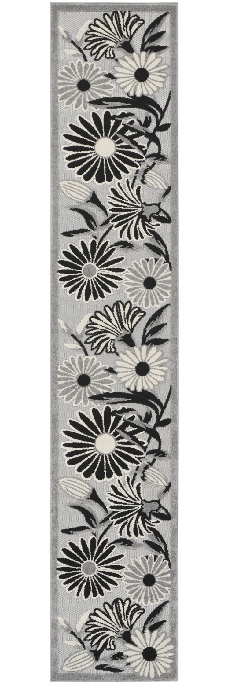 12' Black And White Floral Indoor Outdoor Runner Rug