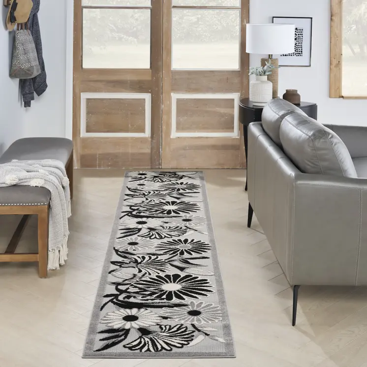 12' Black And White Floral Indoor Outdoor Runner Rug