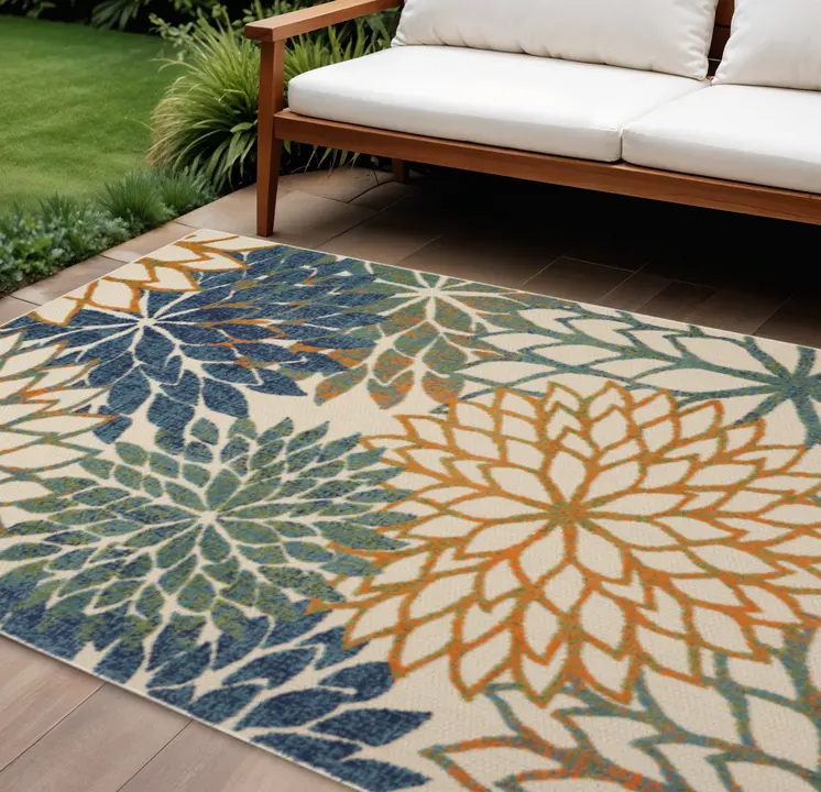 6' X 9' Blue And Green Floral Indoor Outdoor Area Rug