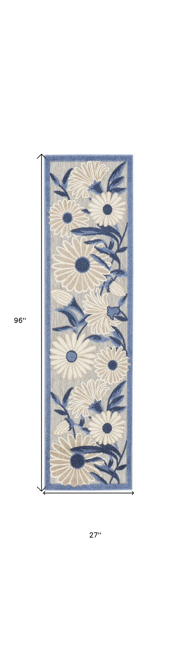 8' Blue And Gray Floral Indoor Outdoor Runner Rug