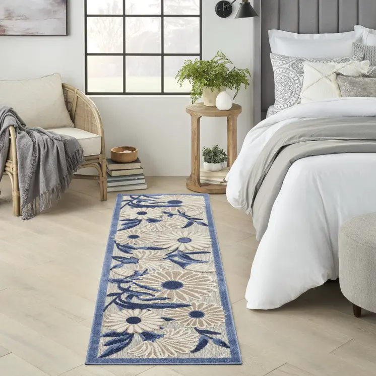 8' Blue And Gray Floral Indoor Outdoor Runner Rug