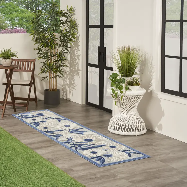 8' Blue And Gray Floral Indoor Outdoor Runner Rug
