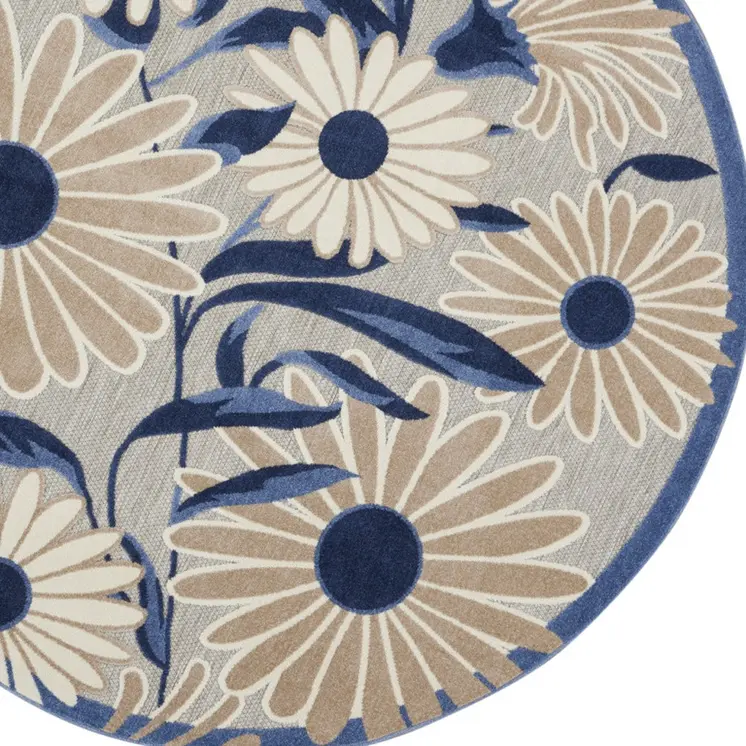 5' Blue And Gray Round Floral Indoor Outdoor Area Rug