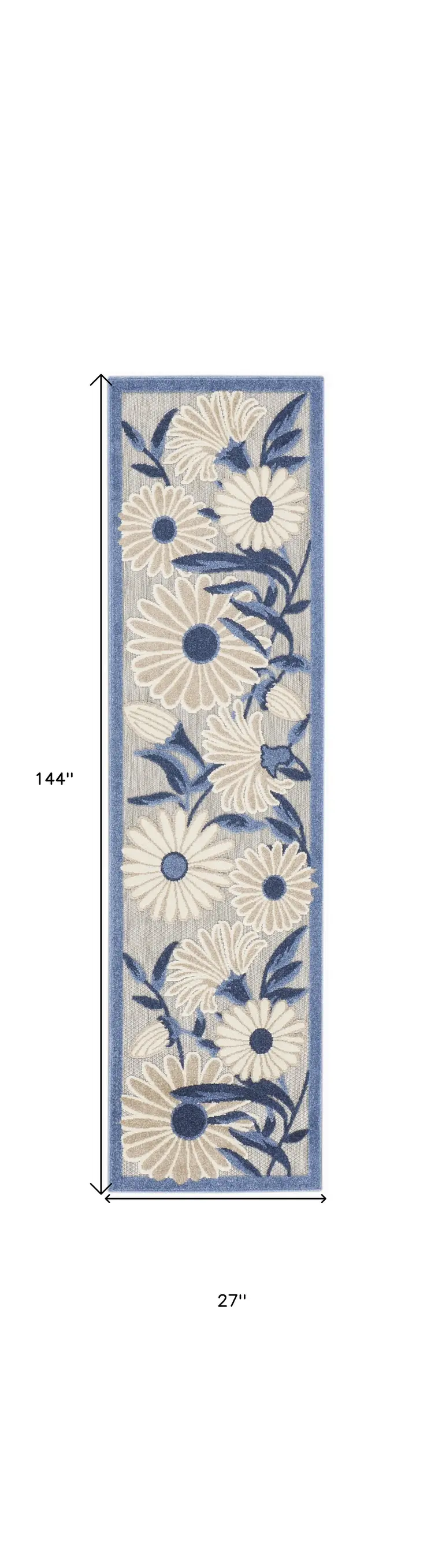 12' Blue And Gray Floral Indoor Outdoor Runner Rug