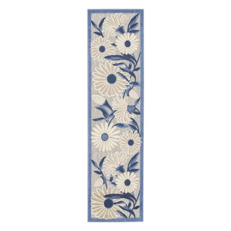 12' Blue And Gray Floral Indoor Outdoor Runner Rug