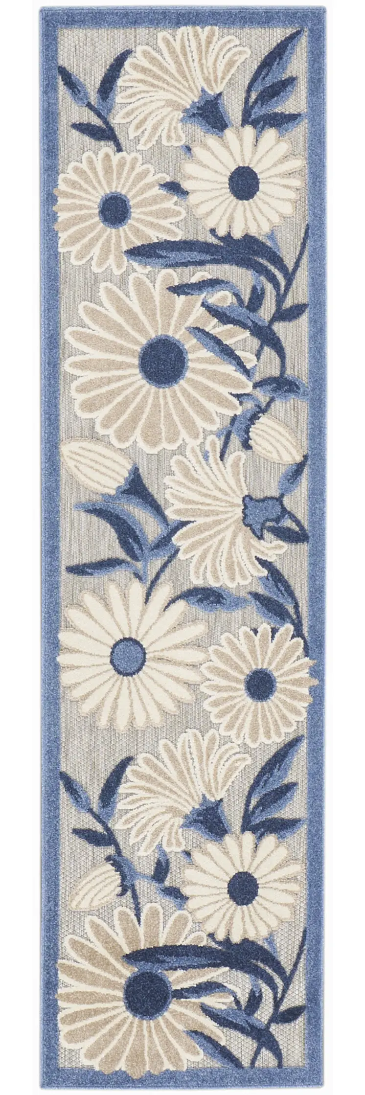 12' Blue And Gray Floral Indoor Outdoor Runner Rug
