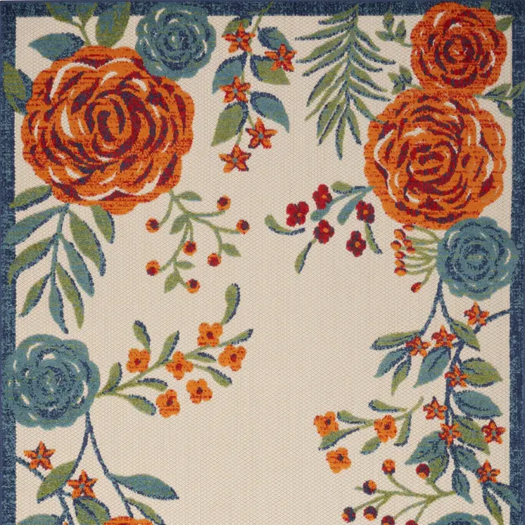 5' X 8' Ivory Blue Orange And Green Floral Indoor Outdoor Area Rug
