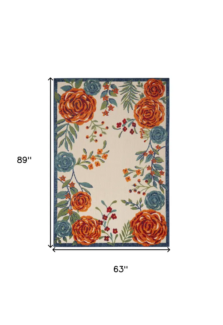 5' X 8' Ivory Blue Orange And Green Floral Indoor Outdoor Area Rug