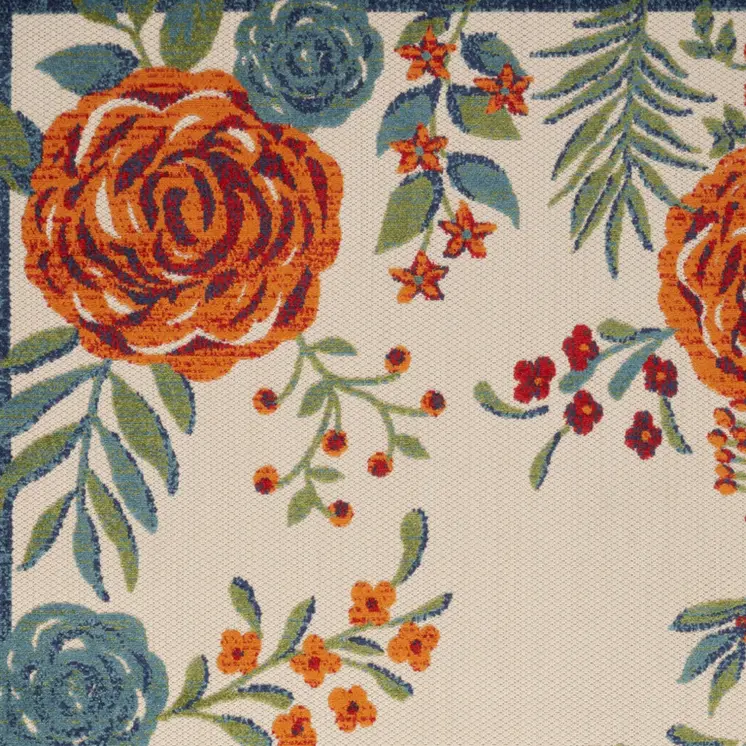 5' X 8' Ivory Blue Orange And Green Floral Indoor Outdoor Area Rug