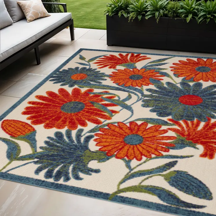 5' X 8' Ivory Blue Orange And Green Floral Indoor Outdoor Area Rug