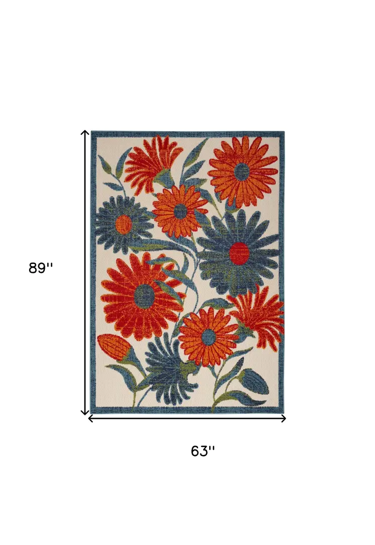 5' X 8' Ivory Blue Orange And Green Floral Indoor Outdoor Area Rug