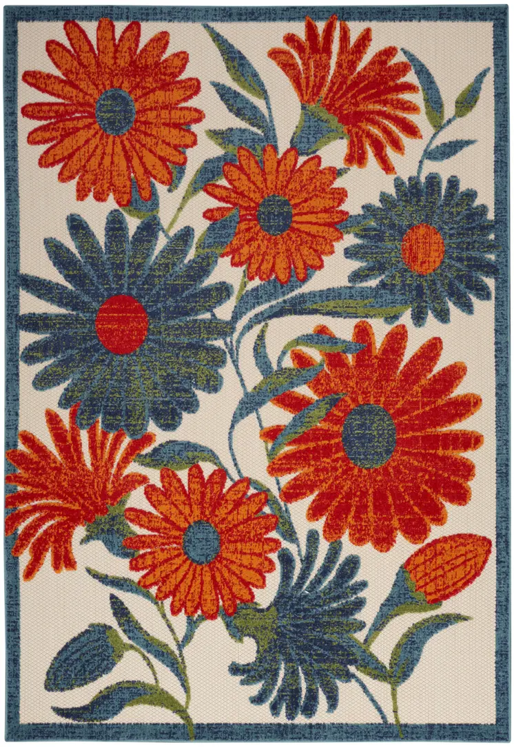 5' X 8' Ivory Blue Orange And Green Floral Indoor Outdoor Area Rug