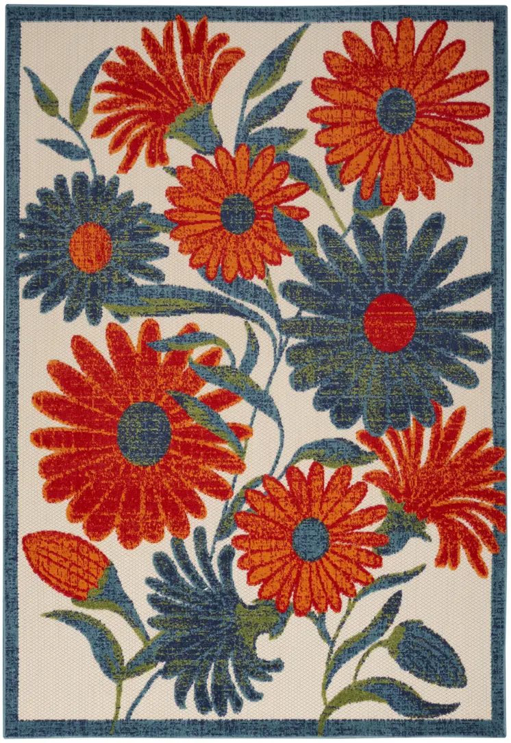 4' X 6' Ivory Blue Orange And Green Floral Indoor Outdoor Area Rug