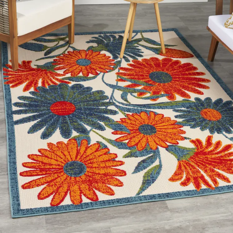 4' X 6' Ivory Blue Orange And Green Floral Indoor Outdoor Area Rug