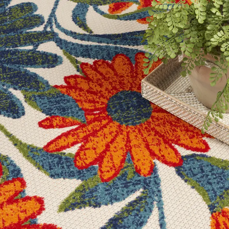 4' X 6' Ivory Blue Orange And Green Floral Indoor Outdoor Area Rug