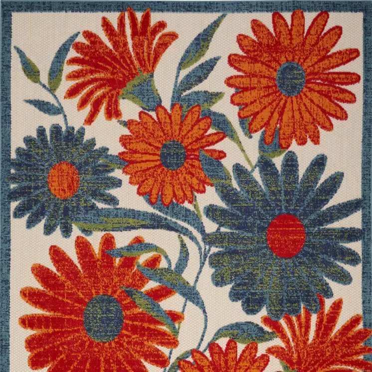4' X 6' Ivory Blue Orange And Green Floral Indoor Outdoor Area Rug