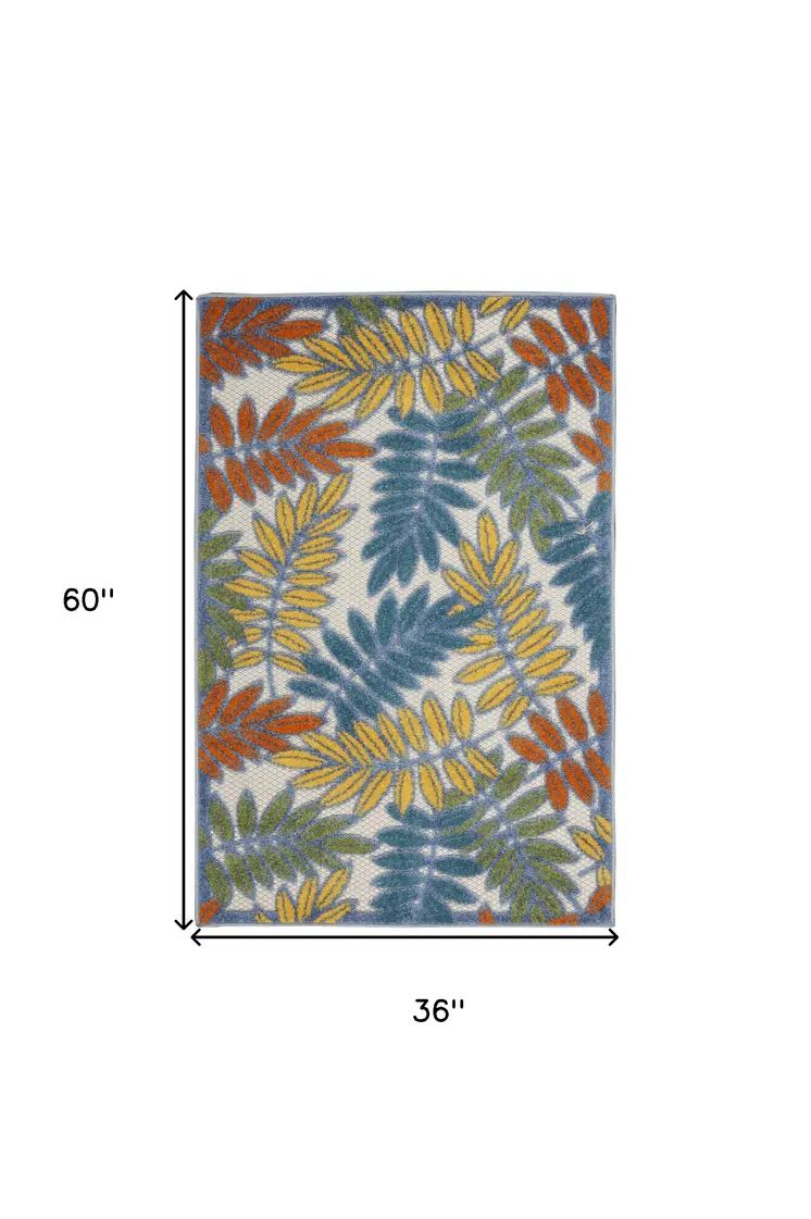 3' X 5' Ivory Yellow Orange Green And Blue Palm Leaf Indoor Outdoor Area Rug