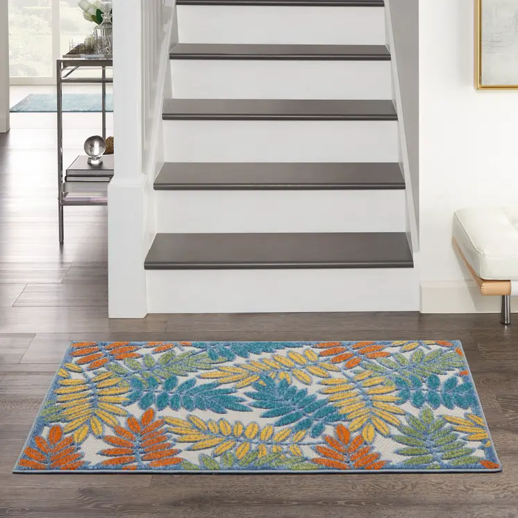 3' X 5' Ivory Yellow Orange Green And Blue Palm Leaf Indoor Outdoor Area Rug