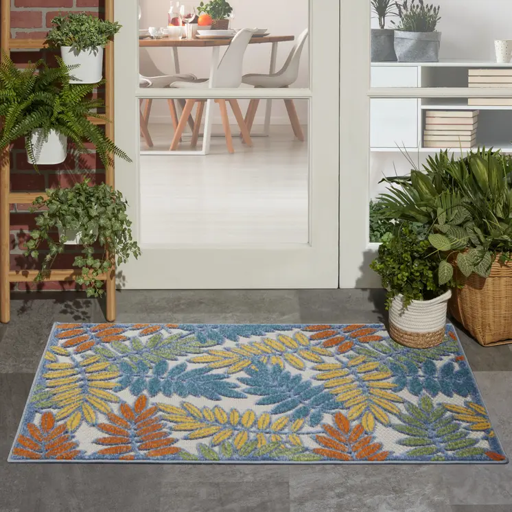 3' X 5' Ivory Yellow Orange Green And Blue Palm Leaf Indoor Outdoor Area Rug