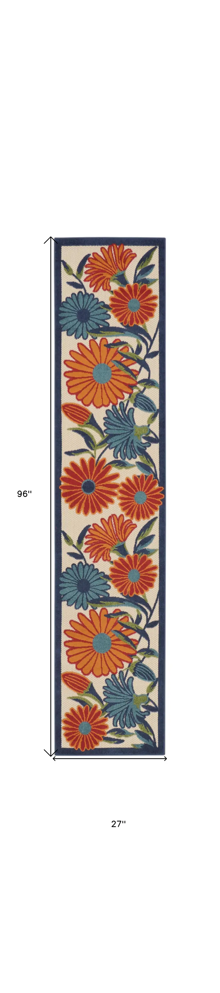 8' Ivory Blue And Orange Floral Indoor Outdoor Runner Rug