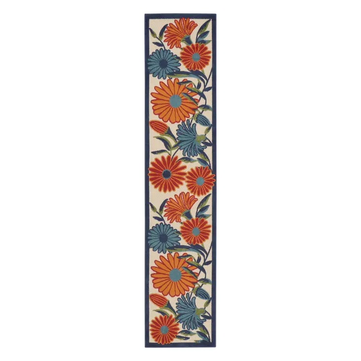 8' Ivory Blue And Orange Floral Indoor Outdoor Runner Rug
